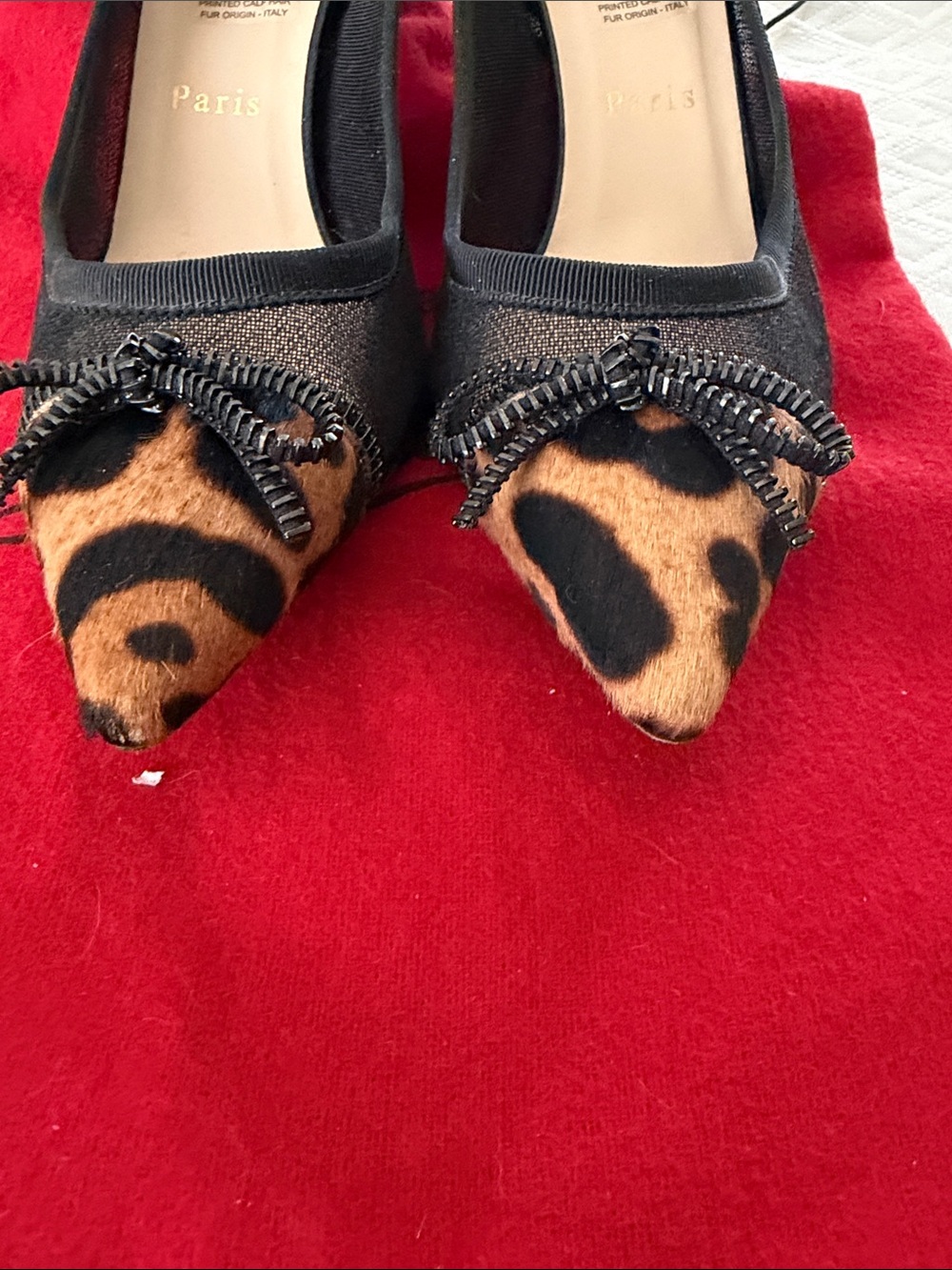 Christian Louboutin Black Mesh Heels with Leopard-Print Pointed Toe - Picture 9 of 12
